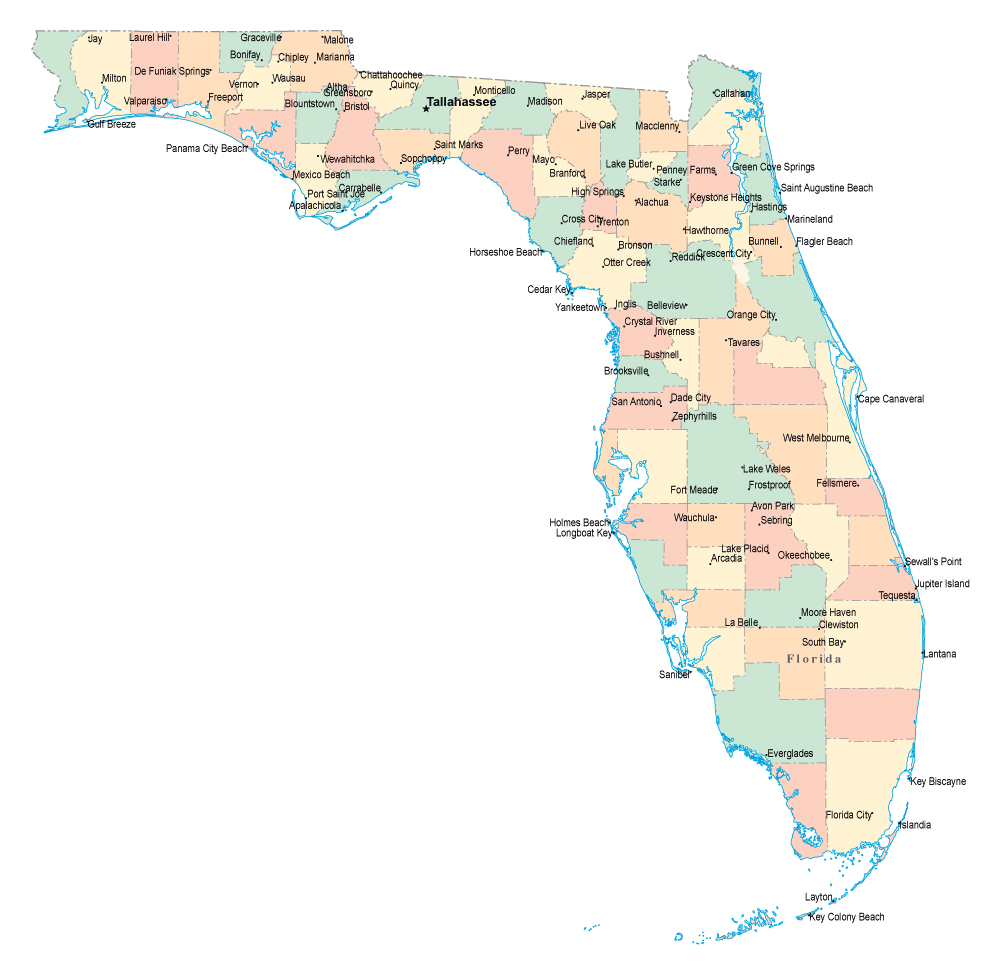 Administrative Divisions Map Of Florida With Major Cities 