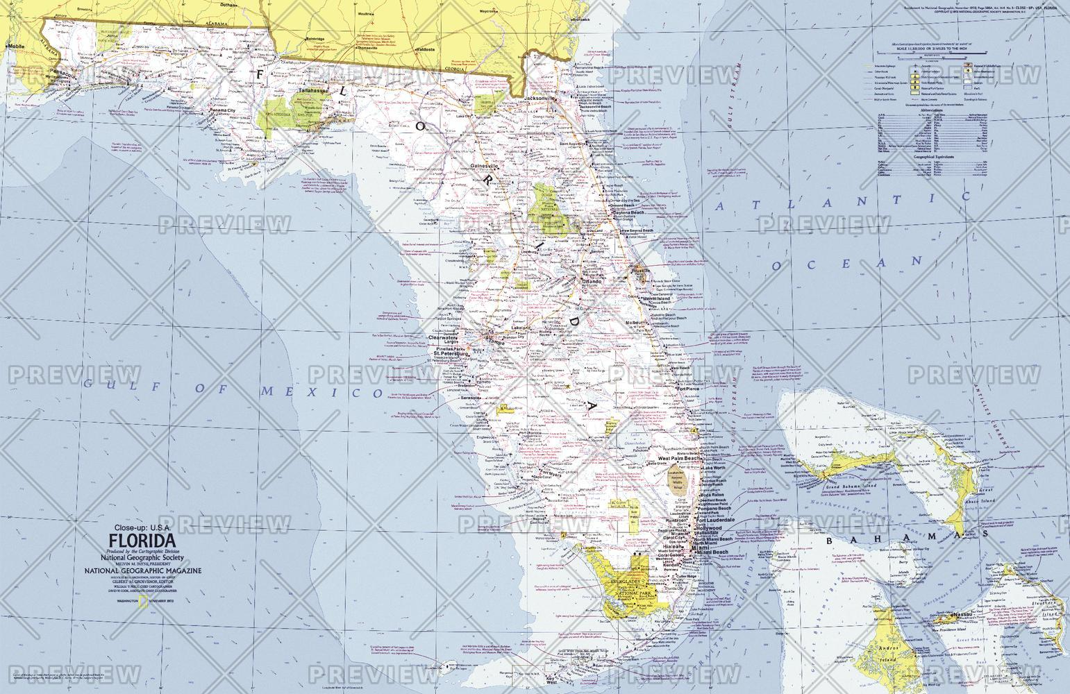 Close up USA Florida Map Published 1973 National 