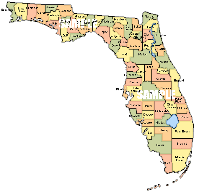 Colorful Florida Map With County Regions Free Florida Map