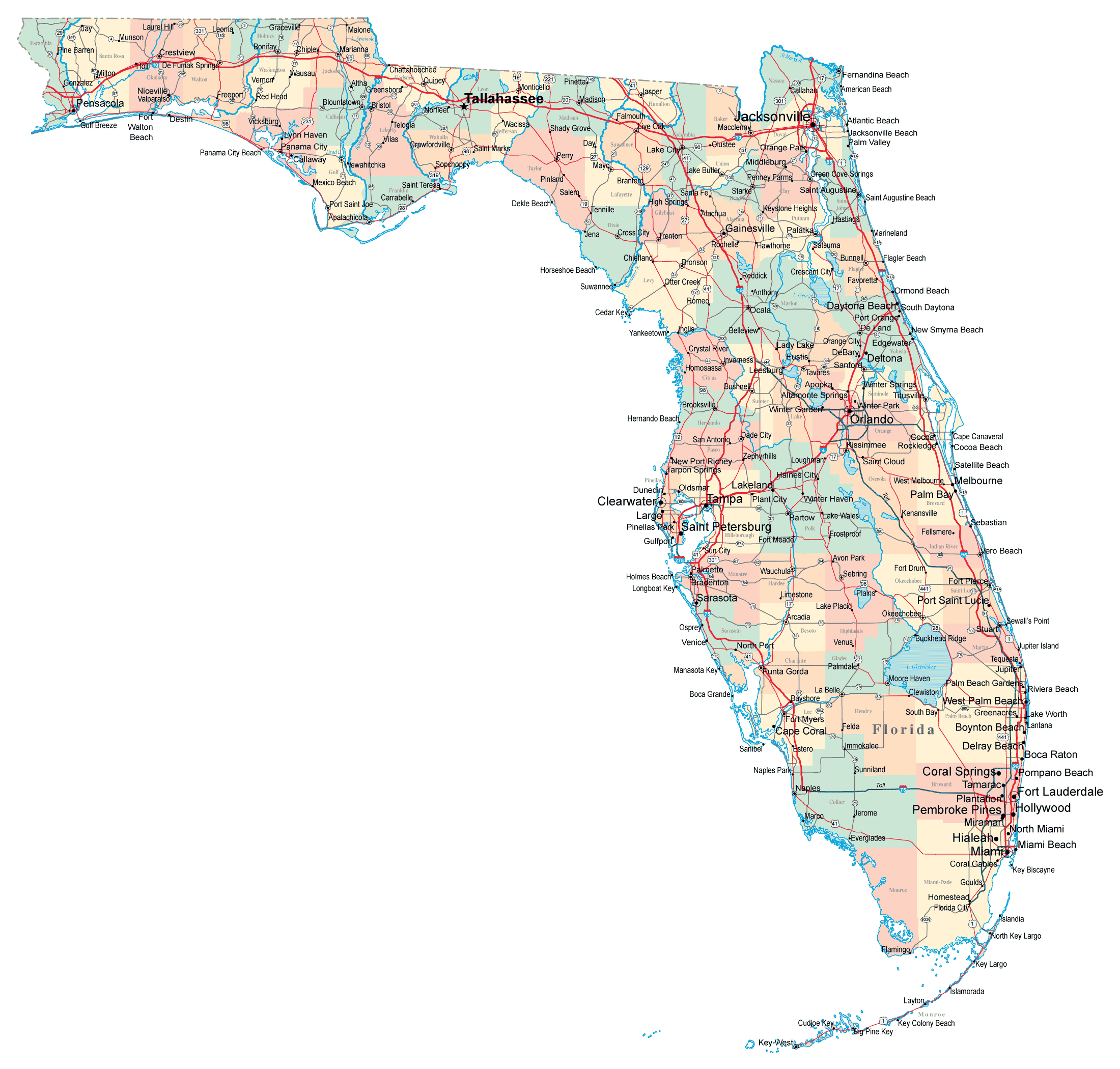 Large Administrative Map Of Florida State With Roads 